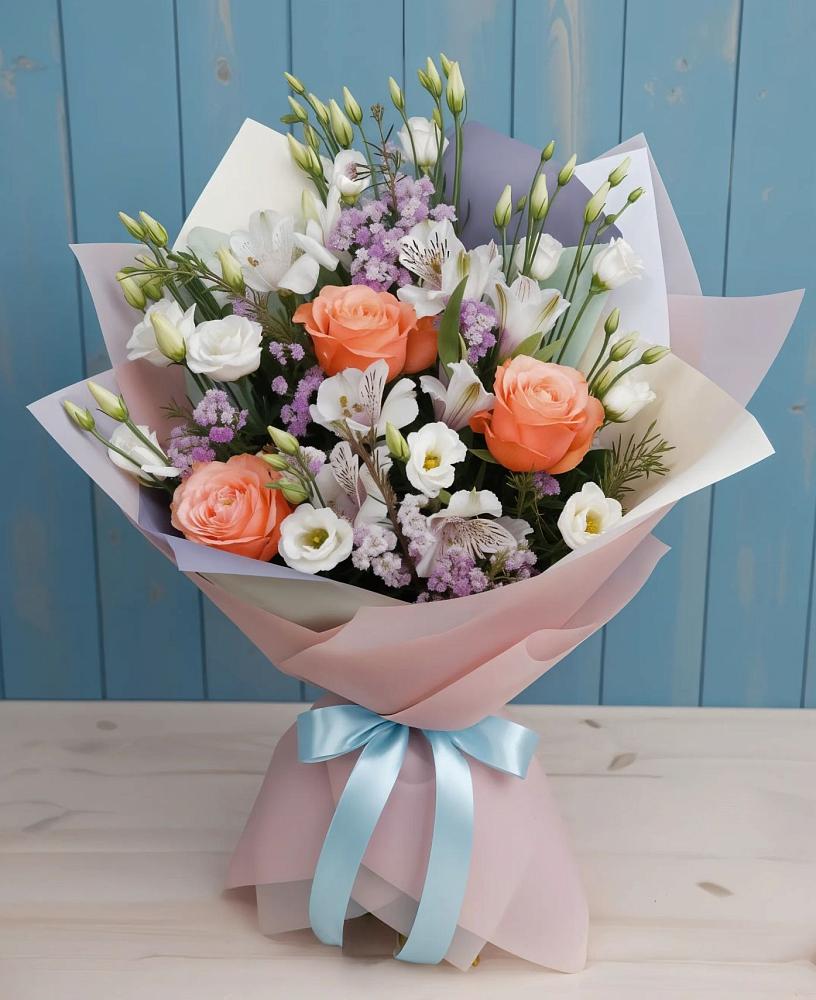 Букет цветов из: Лизиантусы, Розы, Альстромерии и Гипсофила в Нижнем Карачане