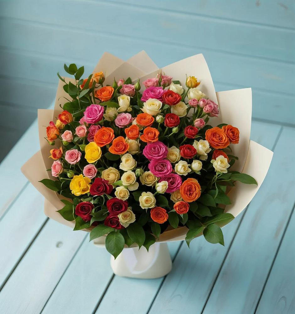 Букет Микс из разноцветных кустовых роз в Нижнем Карачане