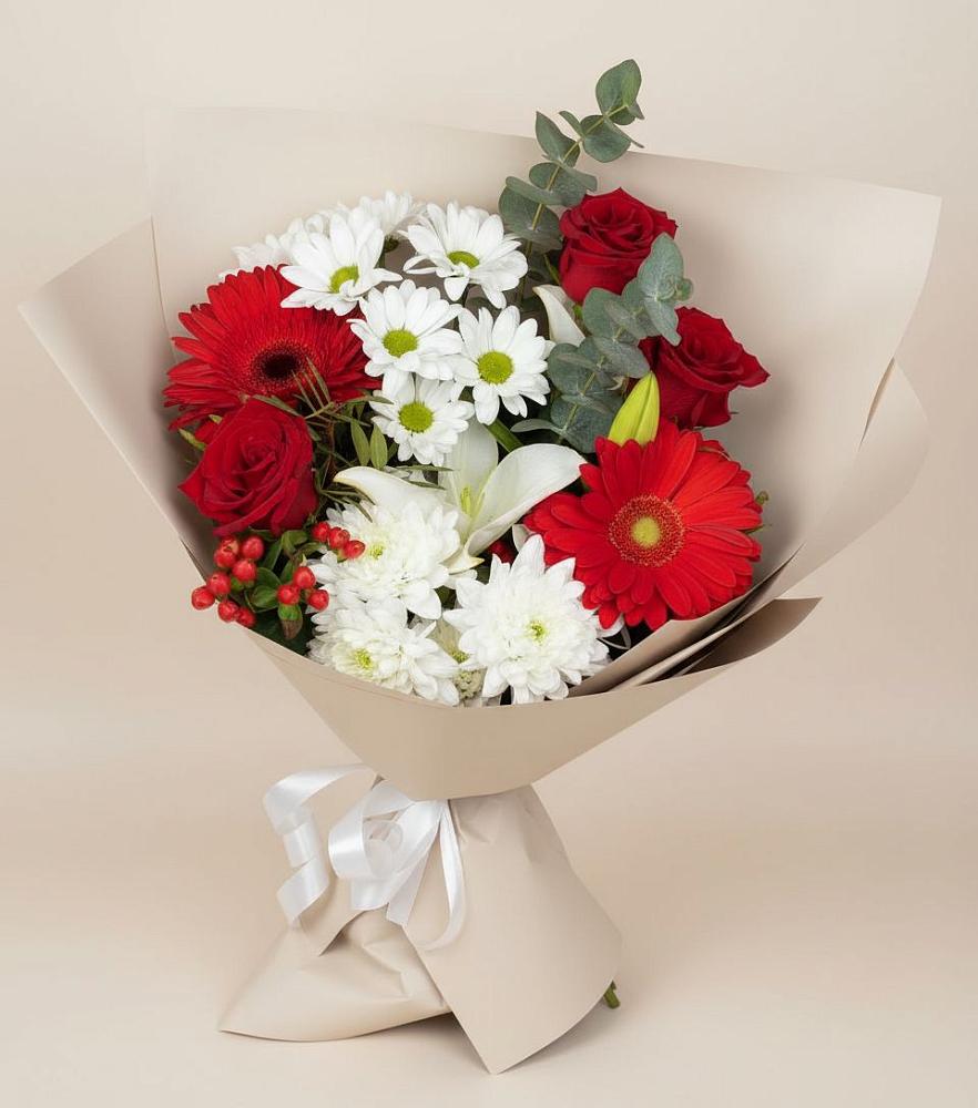 Букет цветов из: Розы, Хризантемы, Герберы и Лилии в Нижнем Карачане